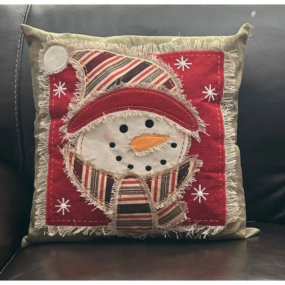 Christmas Snowman Throw Pillow 16x16 Rustic Applique Embroidered Holiday Decor